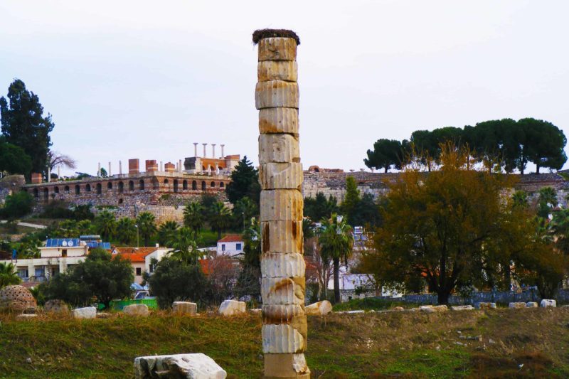 The ruins of the Temple of Artemis which was the one of the 7 wonders of the world. There are ruined columns and bricks scattered over the landscape