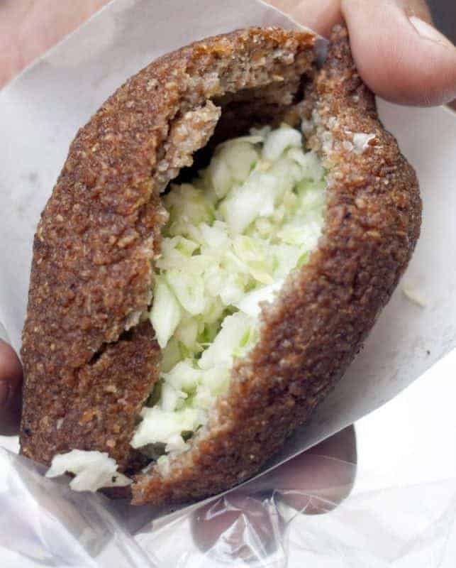 Street food kibbes inside the Lucas Galvez Market in Merida