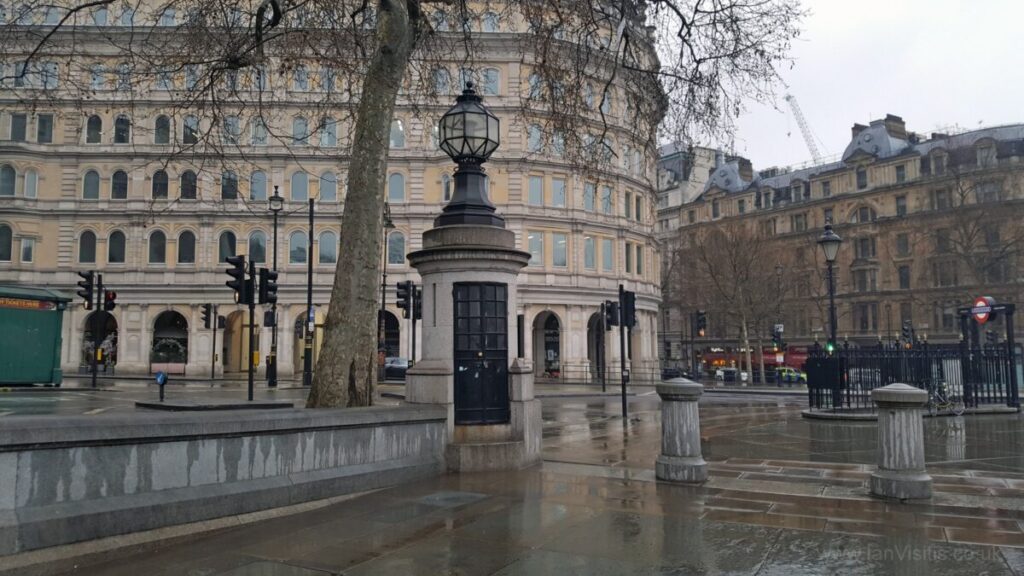This tiny police box in Trafalgar Square was used many years ago. It is big enough for a door and has a huge light on top