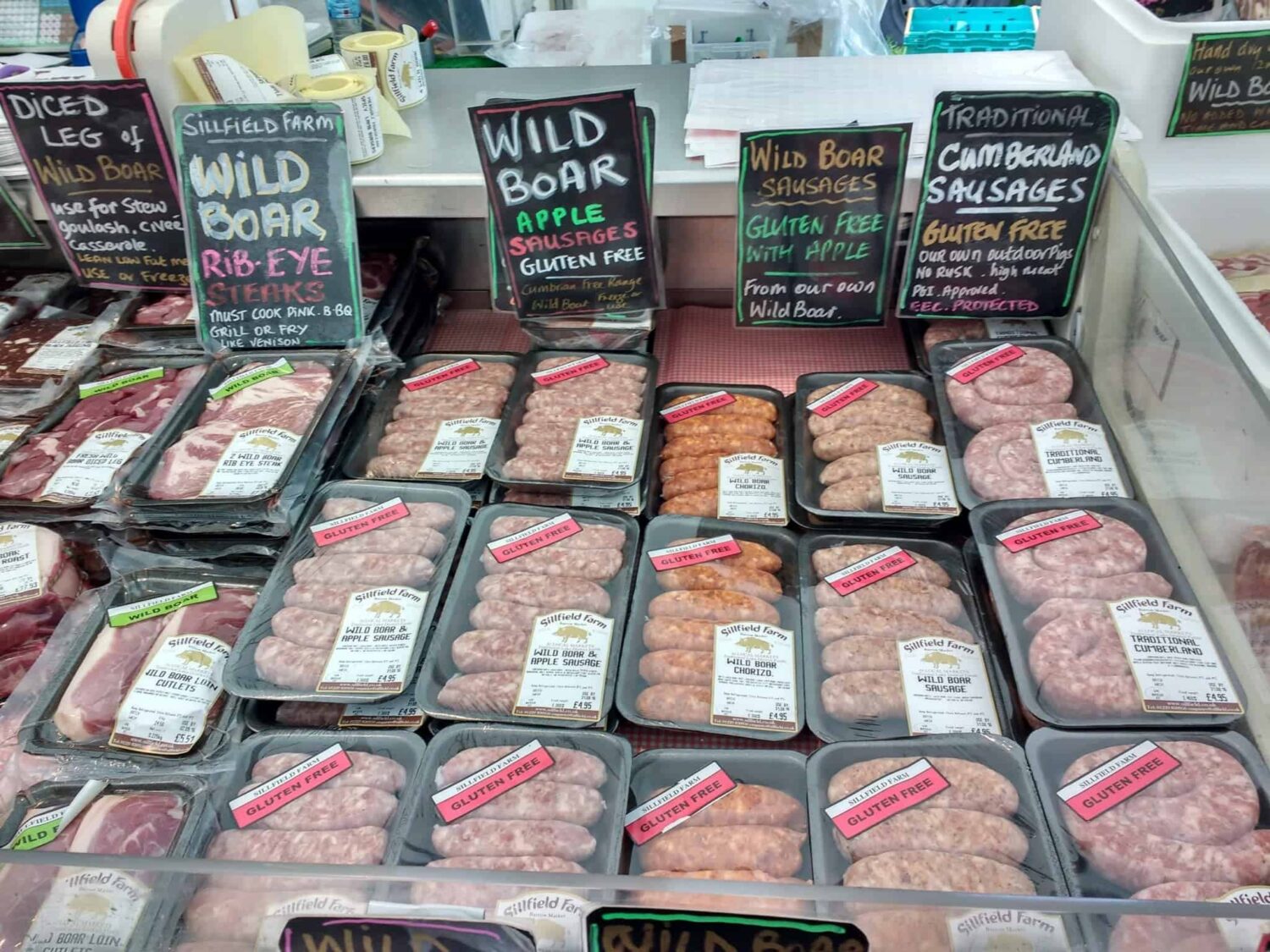 A case of sausages at the food fair
