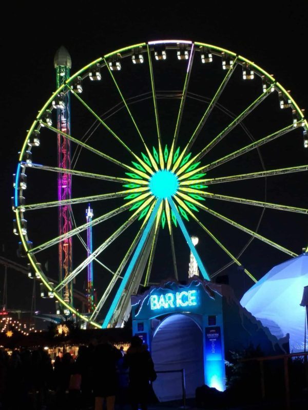 the giant ferris wheel at Winter wonderland in Hyde Park set up for Christmas in London