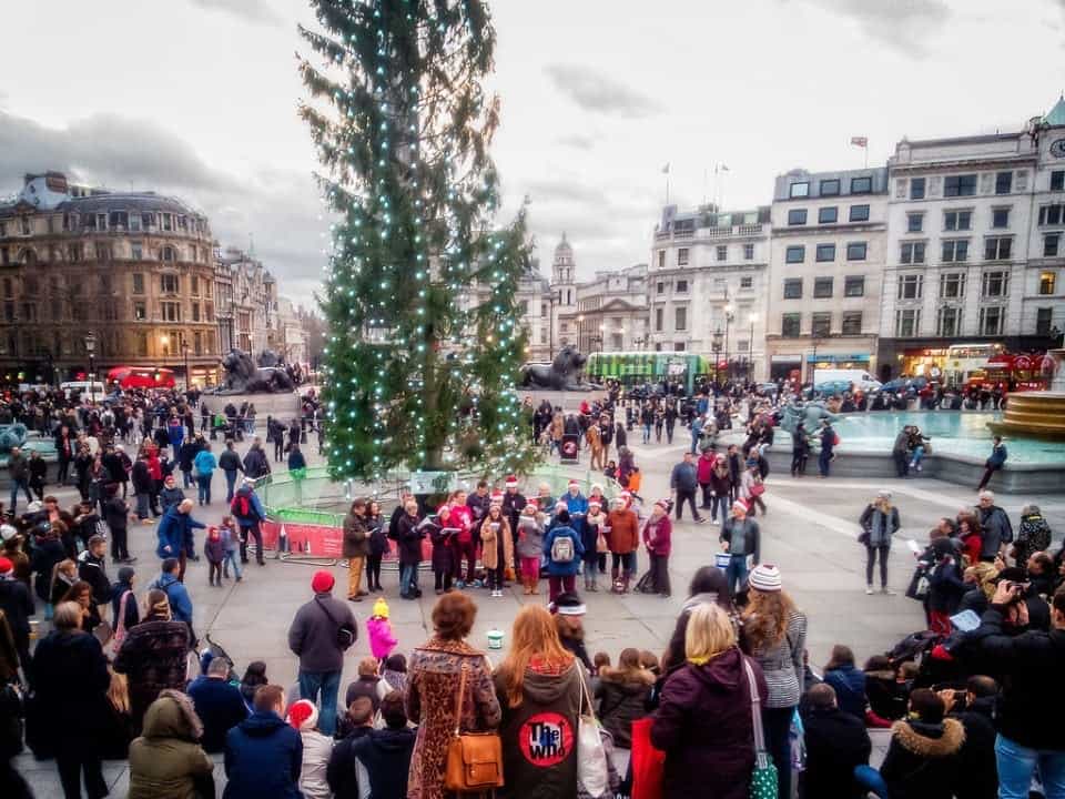 Christmas in London singing carols in Trafalgar Square