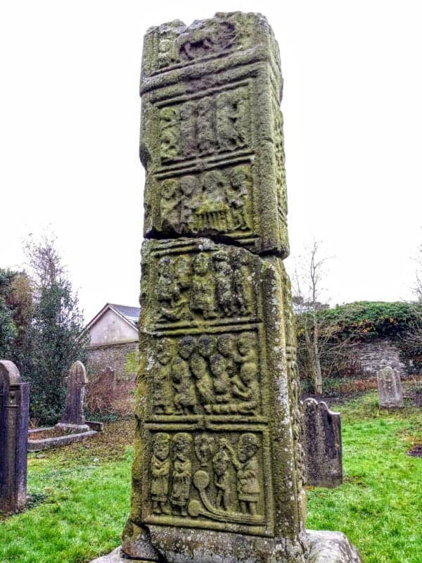 close up of carvings on high cross at kells