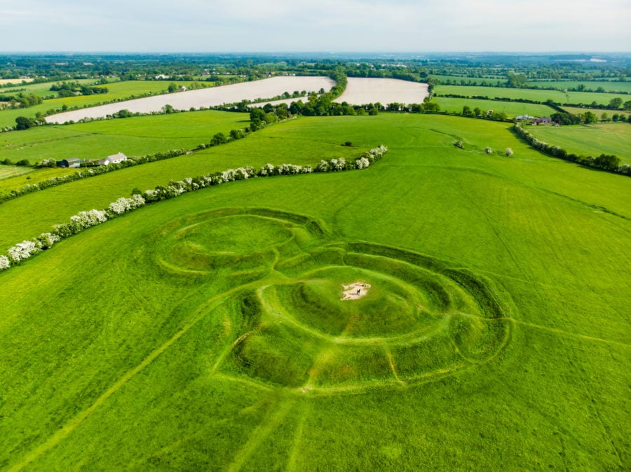 Aerial view of the Hill of Tara, an archaeological complex, containing a number of ancient monuments and, according to tradition, used as the seat of the High King of Ireland, County Meath, Ireland