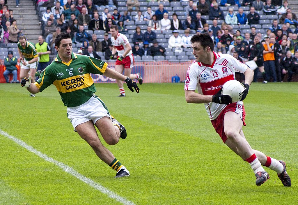 A game of Irish football players on a green field carry the ball to the goal - Irish things