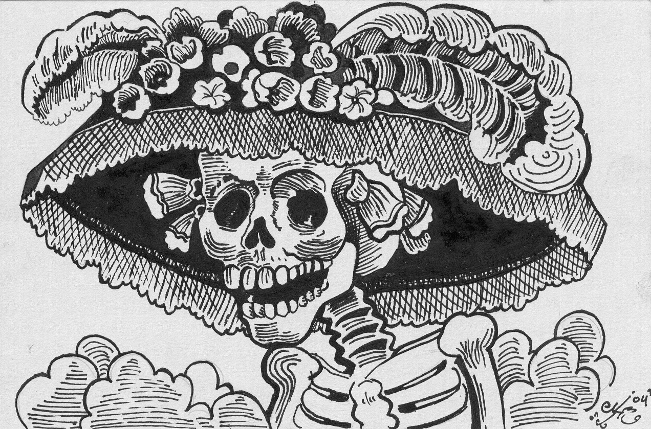 old print of a calavera Day of the Dead skull