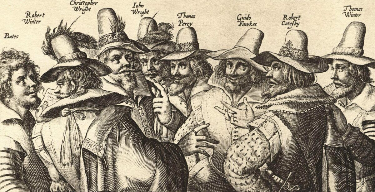 old ink drawing of the November 5th conspirators including Guido Fawkes