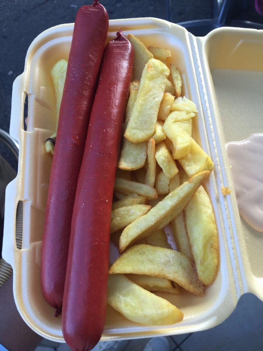 very traditional British foods a saveloy and chips