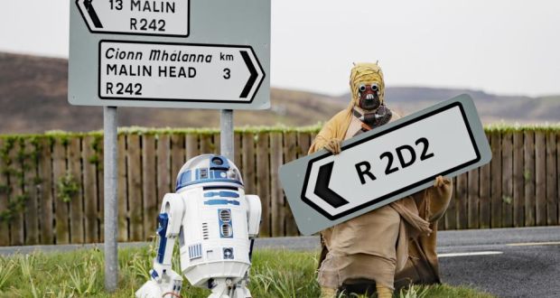 photo of R2D2 and C3Pio at the newly named R2D2 road in Ireland