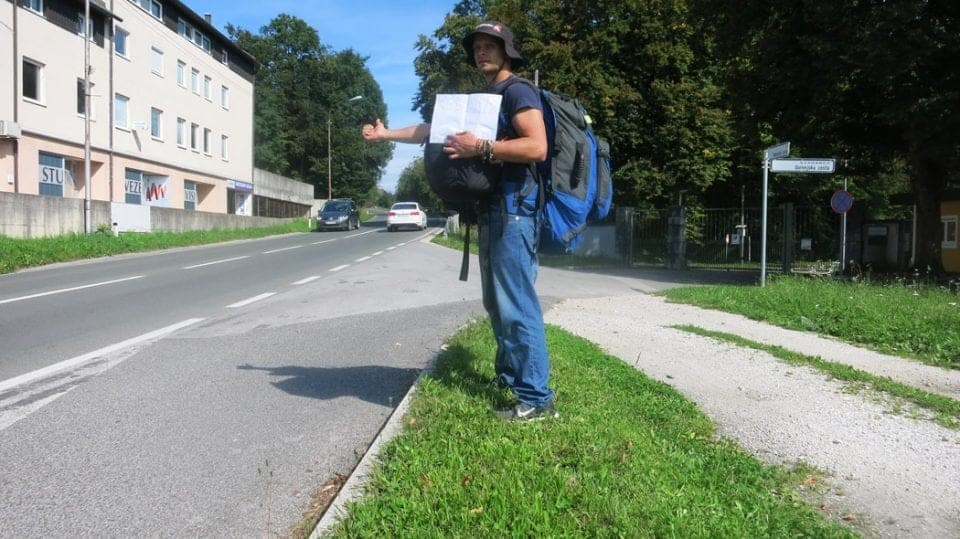 Campbell hitchhiking after a massive Travel f**k up