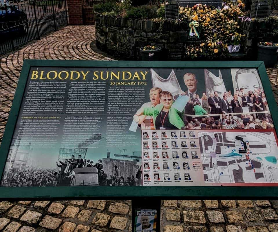 A memorial board commemorating Bloody Sunday in Ireland. Derry Murals