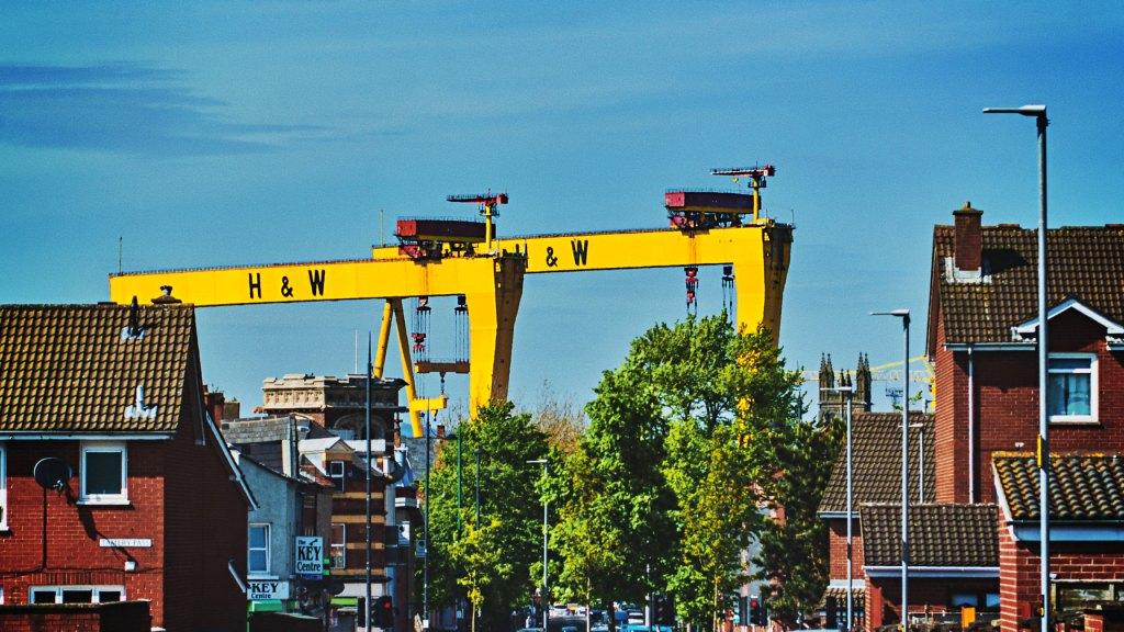 Yellow Belfast Cranes loom over the city they are nicknamed Samson and Goliath