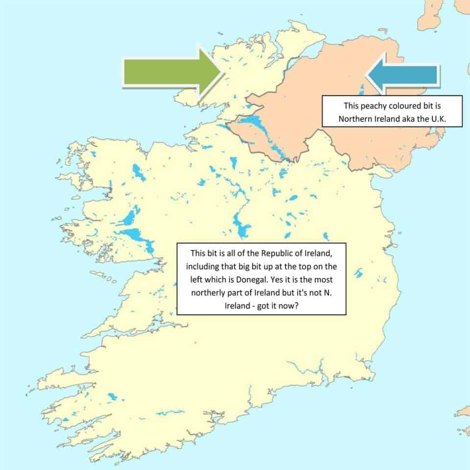 a Map of Ireland showing the differences and locations of the north and south of the country