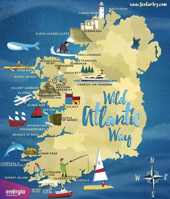 illustrated map of the Wild Atlantic Way route by Jen Farley