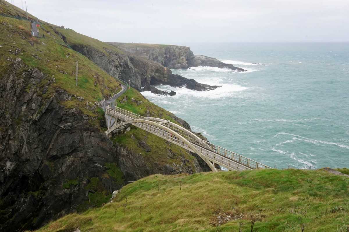 Mizen head cliffs at the end of Ireland with a suspension bridge between two of the cliffs to get to Valentia Island