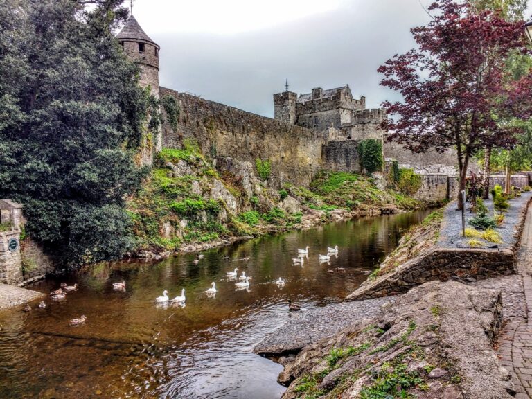 Cahir Castle sits on the riverbank with its tower and crenellated walls. Swans are swimming in the waters