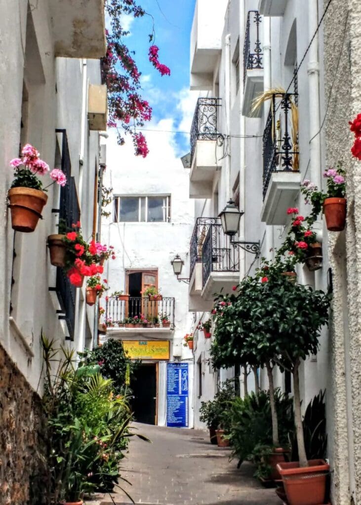 The streets of old town Mojacer Spain. The white washed houses all have colourful doors and baskets of bright plants hang from each house