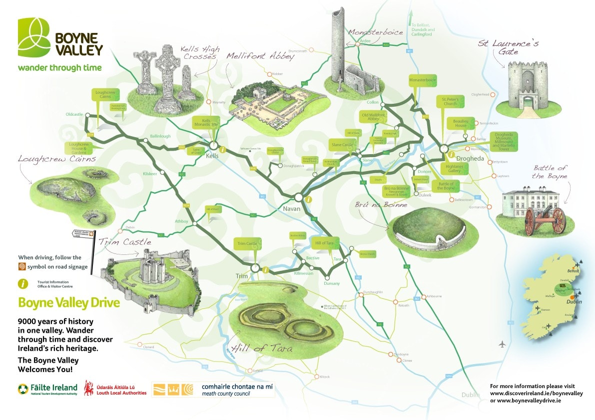 A map of the Boyne Valley in Meath Ireland, The map points out some of the many attractions in County Meath.