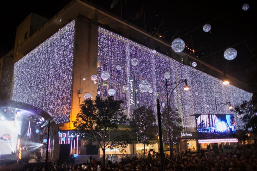 Christmas lights in London decorate the front of the John Lewis Store on Oxford Street