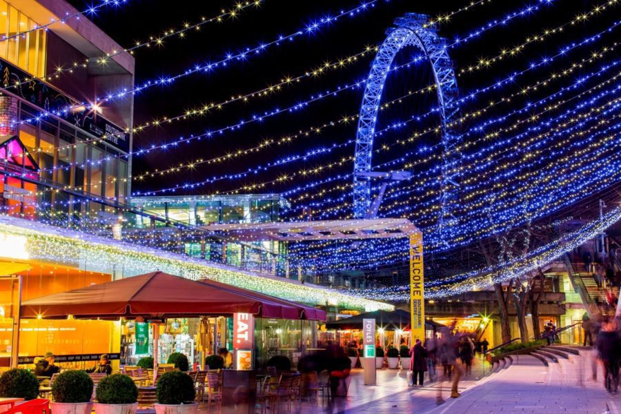 Southbank Christmas market and view of the London Eye