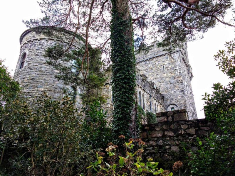 a view looking up at Glenveagh CAstle in Donegal Ireland