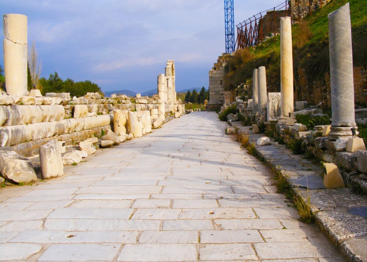 The marble road of Ephesus with ruins on either side the road is clearly set out with white marble stones that are cut rectangles