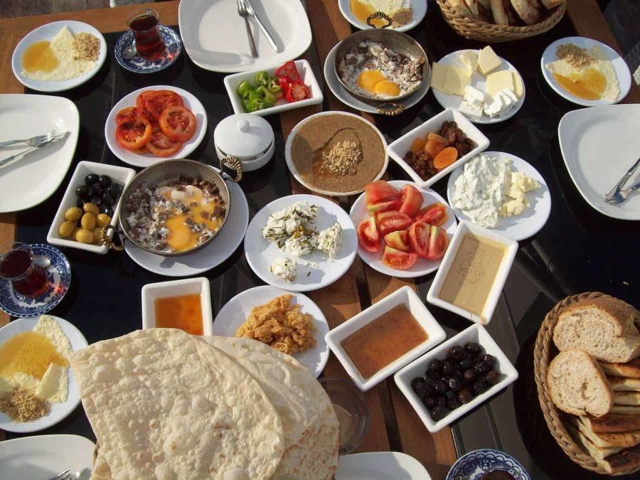 Kahvalti only the best Turkish food breakfast a lot of tiny dishes of things like tomatoes, peppers, flat breads, cheese, eggs, olives a veritable feast