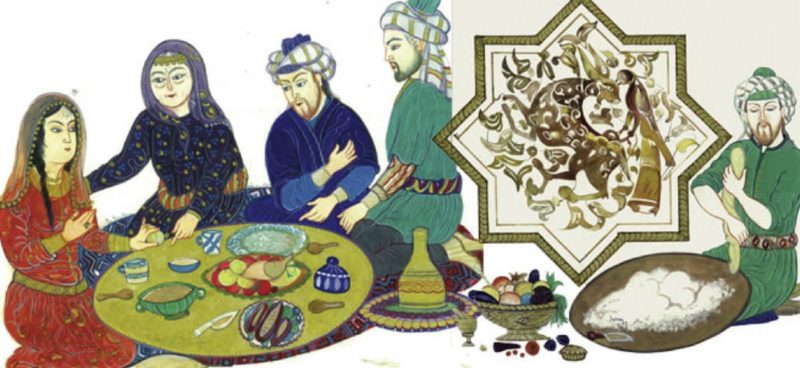 an old engraving of a family sitting around a small short round table enjoying Turkish Food