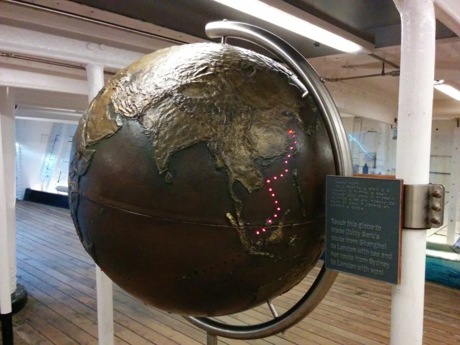 a beautiful bronze globe that details the Cutty Sarks journeys