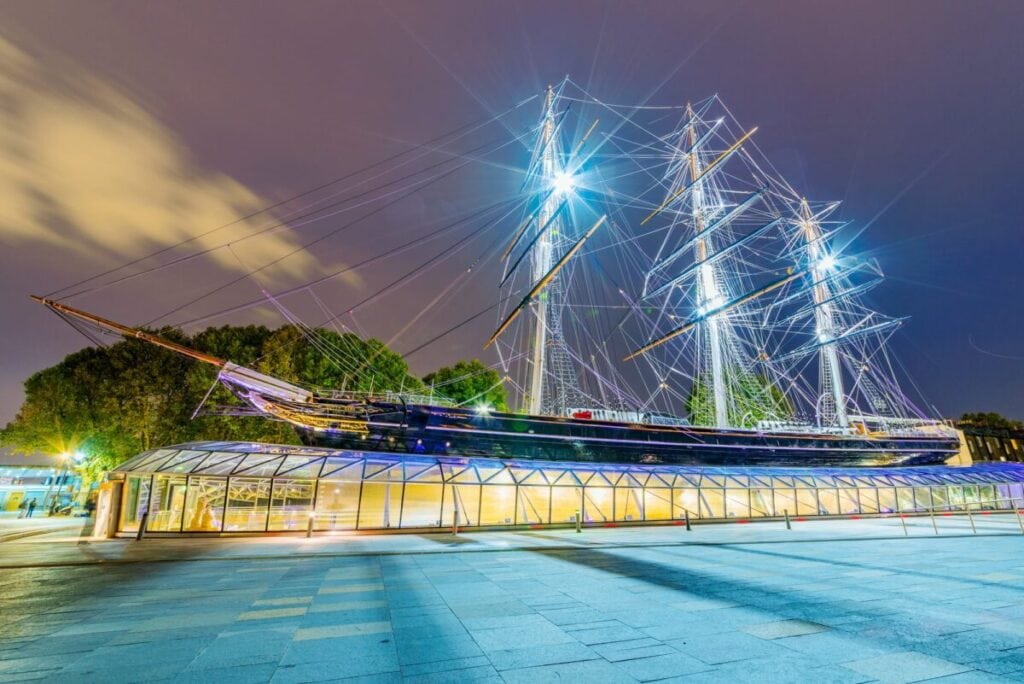 This is a night view of the Cutty Sark ship a historic ship which is a landmark in Greenwich 