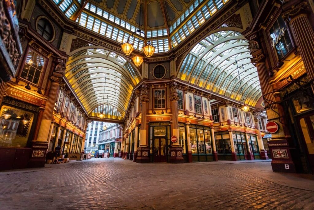 View of the beautiful Leadenhall arcade a victorian masterpiece with gilt trim everywhere and an iron and glass ceiling