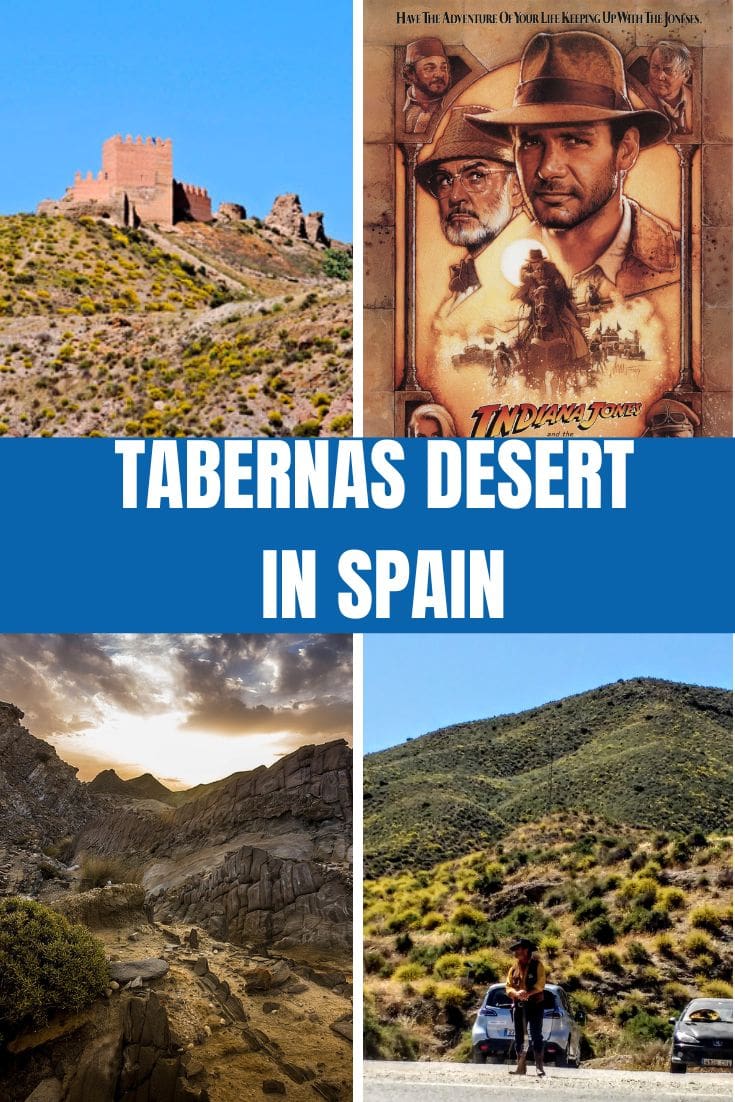 A collage depicting the Tabernas Desert in Spain, featuring a desert landscape, an Indiana Jones movie poster, and a scene with a car on a desert road.