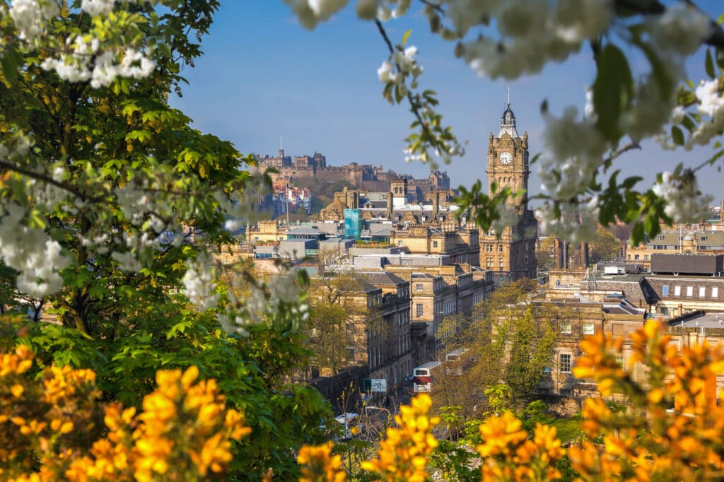 View of old town Edinburgh with spring trees in Scotland