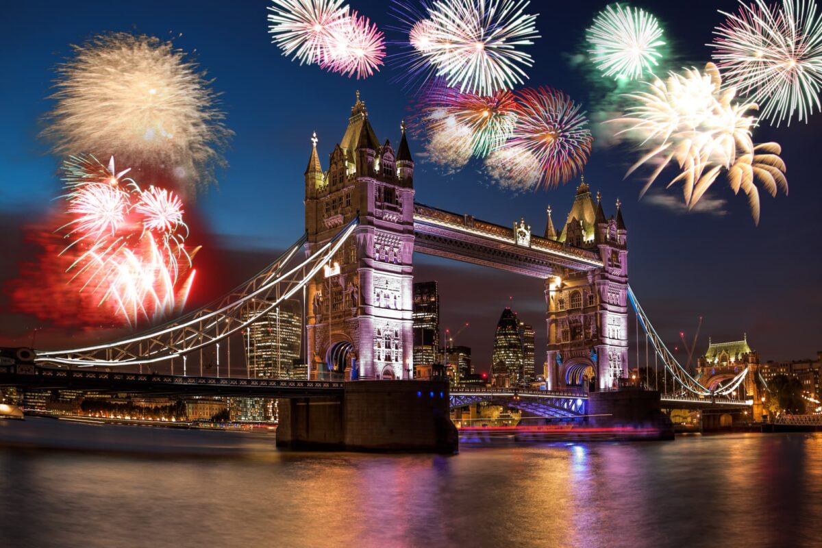 Tower Bridge with firework in London, England (celebration of Bonfire Night