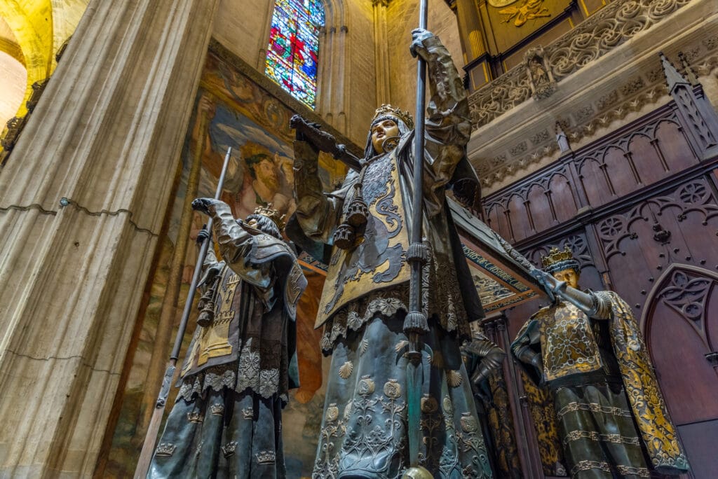 SEVILLA, SPAIN, JUNE 25, 2019: Tomb of Christopher Columbus inside of the Cathedral of Saint Mary of the See in Sevilla, Spain