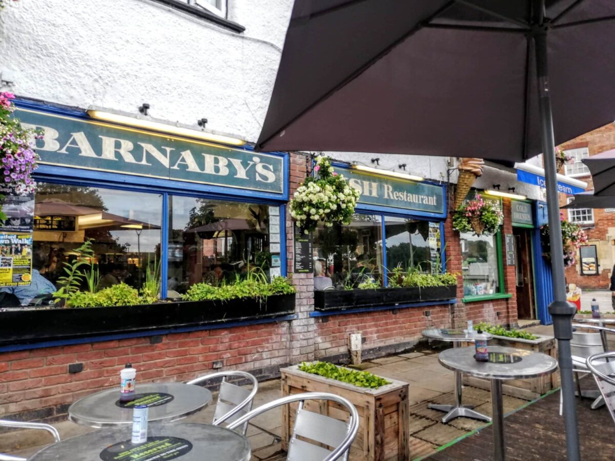 Barnaby's restaurant where Gordon Ramsay learned to cook. Known for its fish and chips the front of the restaurant is pained blue and there are steel table an chairs on a patio outside