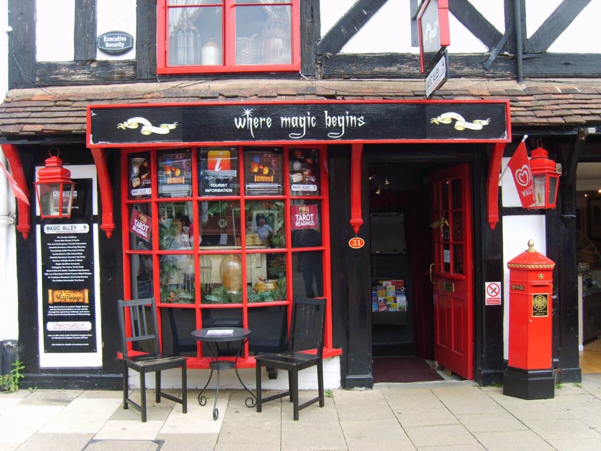 For Harry Potter fans the Magic Alley shop in a medieval building with half timbers and trimmed in red
