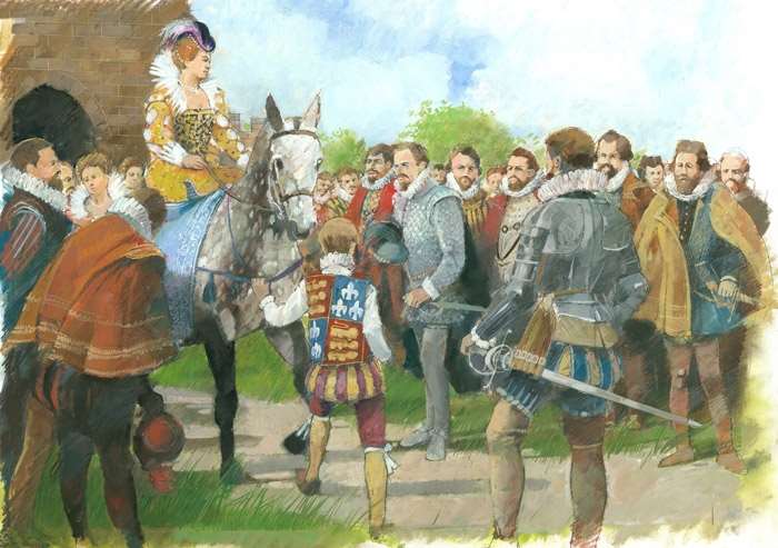 Historic painting of Elizabeth 1st riding out to Kenilworth Castle
