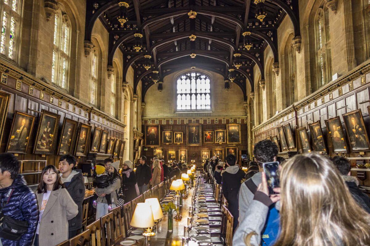 OXFORD, ENGLAND - FEB 26, 2017: people visit the great hall of Christ Church, University of Oxford, England. It is the center of college life where academic community congregates to dine each day.