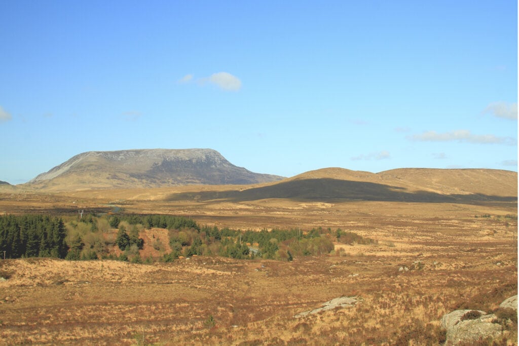 Muckish mountain stands in the distance with peatland in the foreground