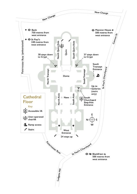 Map of St. Pauls cathedral with accessibility entrances and places inside St. Pauls Cathedral