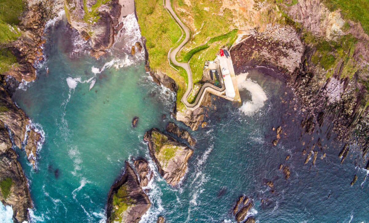 Amazing aerial view over Dunquin Pier Ireland on Dingle Peninsula Slea Head