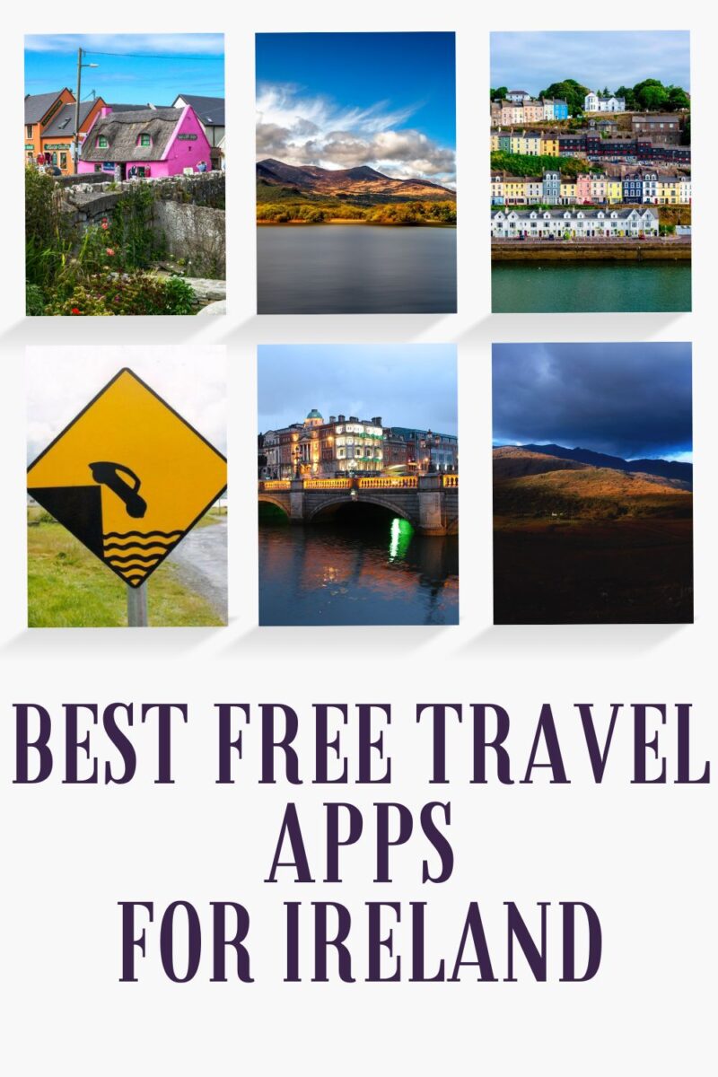 Collage of Ireland travel images featuring colorful houses, landscapes, and a sign, titled "Best apps for Ireland.