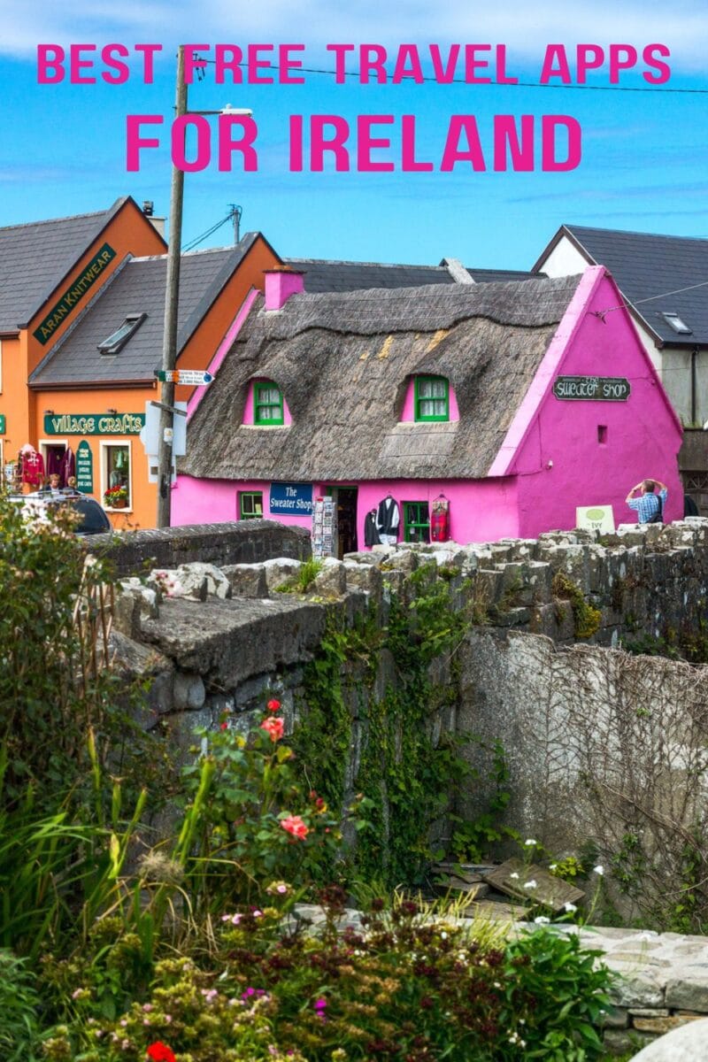 Text overlay "apps for Ireland" on an image showcasing colorful buildings including a pink thatched cottage in an Irish village.