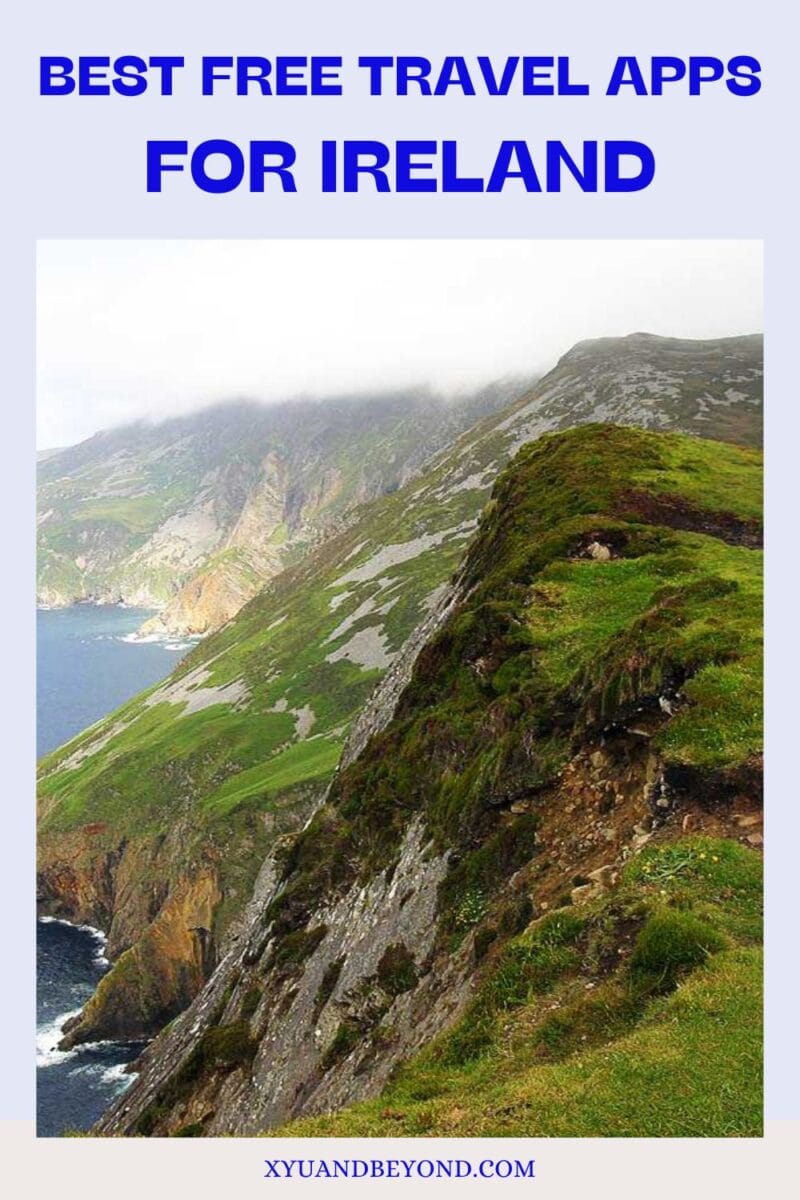Promotional poster for top free travel apps featuring a scenic view of a lush green cliff and ocean coastline in Ireland. Text reads "Best Free Travel Apps for Ireland.