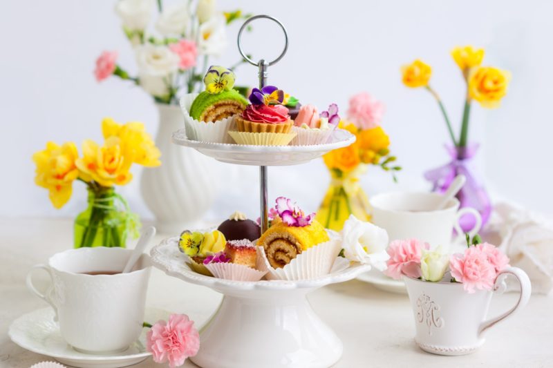 Assorted cakes and pastries on a cake stand for afternoon tea