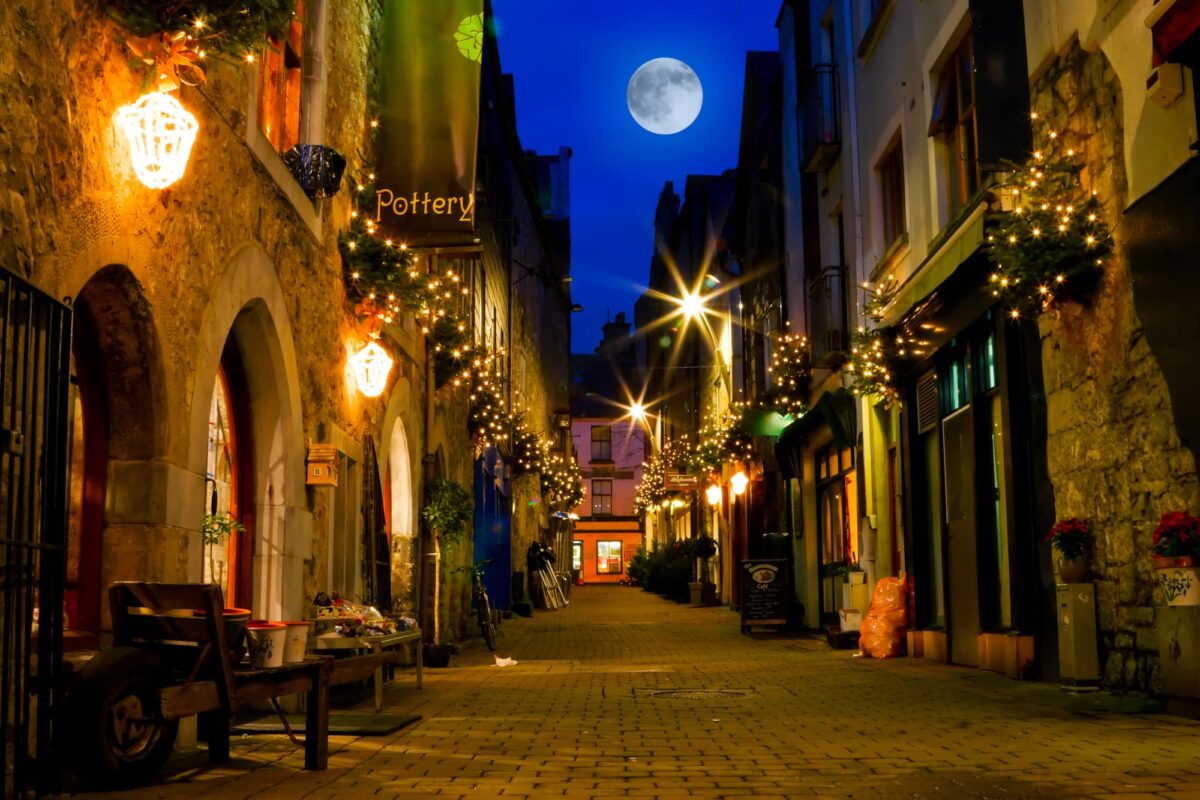 Old Galway city street,Kerwan's Lane,decorated with christmas lights,night scene