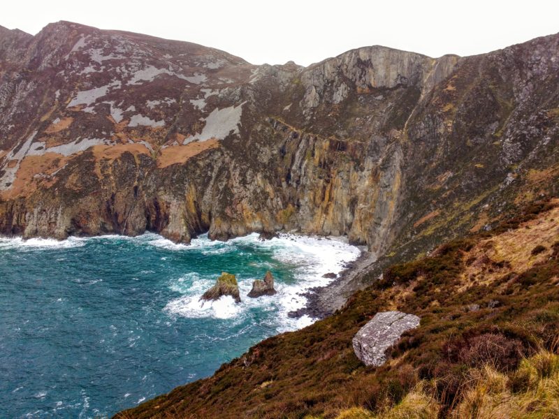 views of crashing sea from Slieve League Cliffs in Donegal