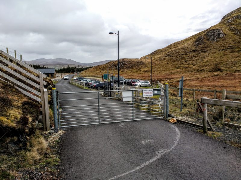 Sheep gate looking back to Teelin Road and car park on the way up to Slieve League