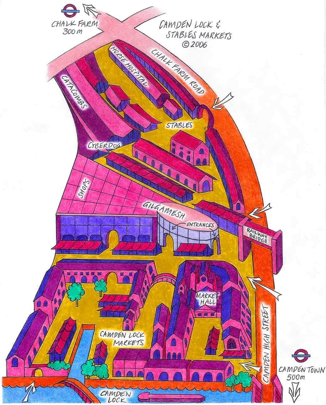 A coloured map of the Camden Town markets
